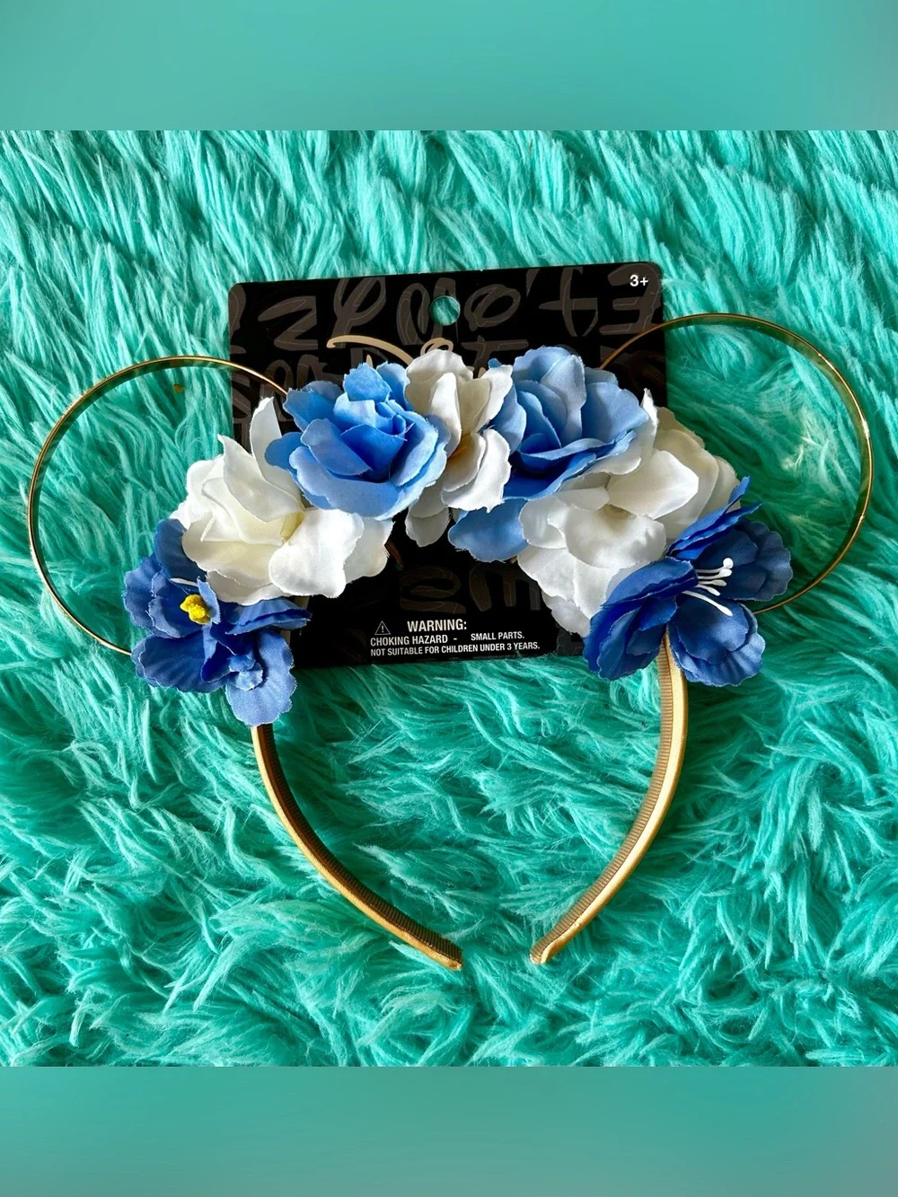 Disney Floral Mickey Mouse Ears Headband Blue White Gold Flower Accents Minnie